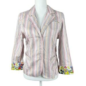Robert Graham Womens Blazer 12 Multi Color Stripe Embroidered Cuffed Blazer